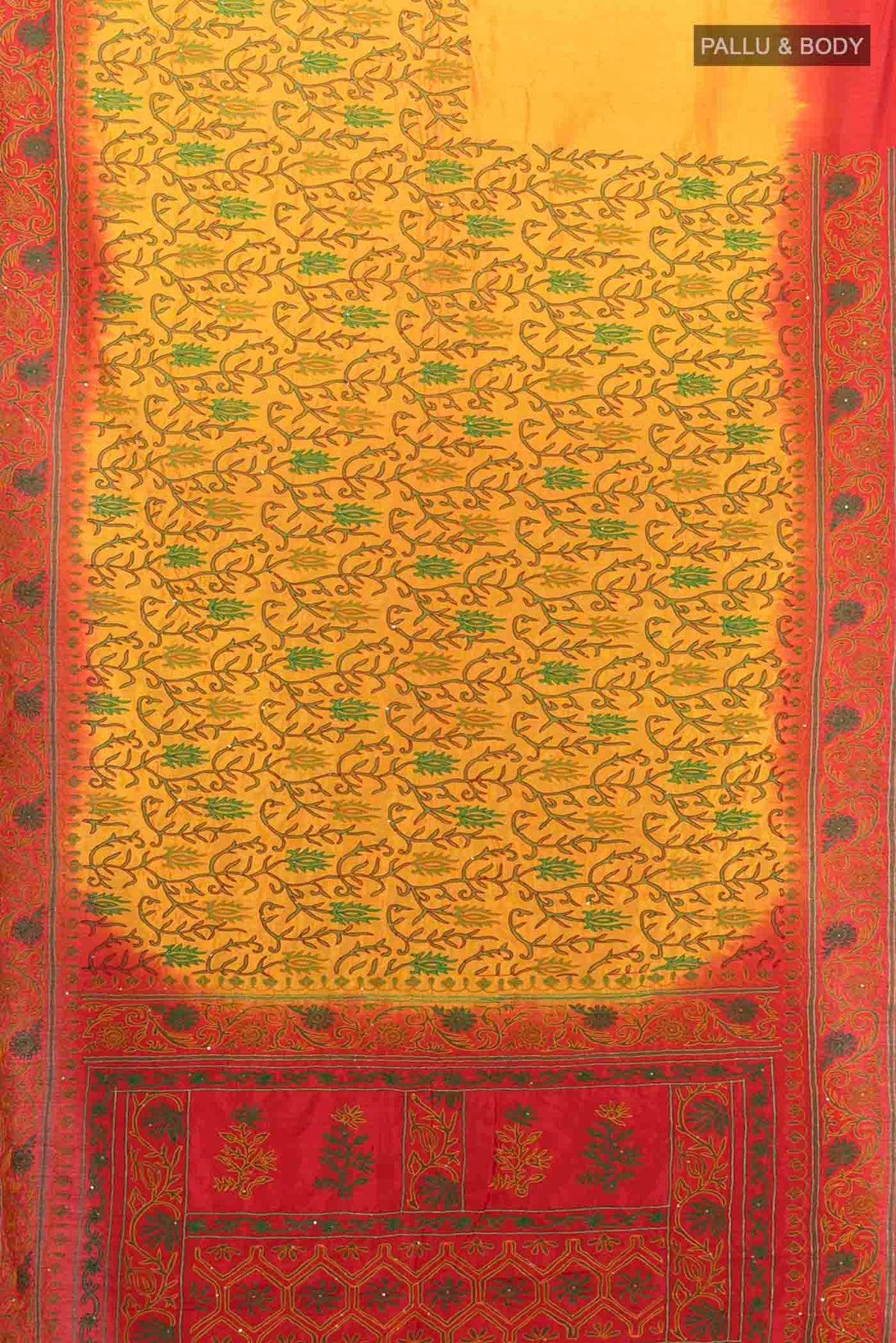 Flat view of Yellow Blended Raw Silk Saree with Embroidery on the body and Embroidery Border