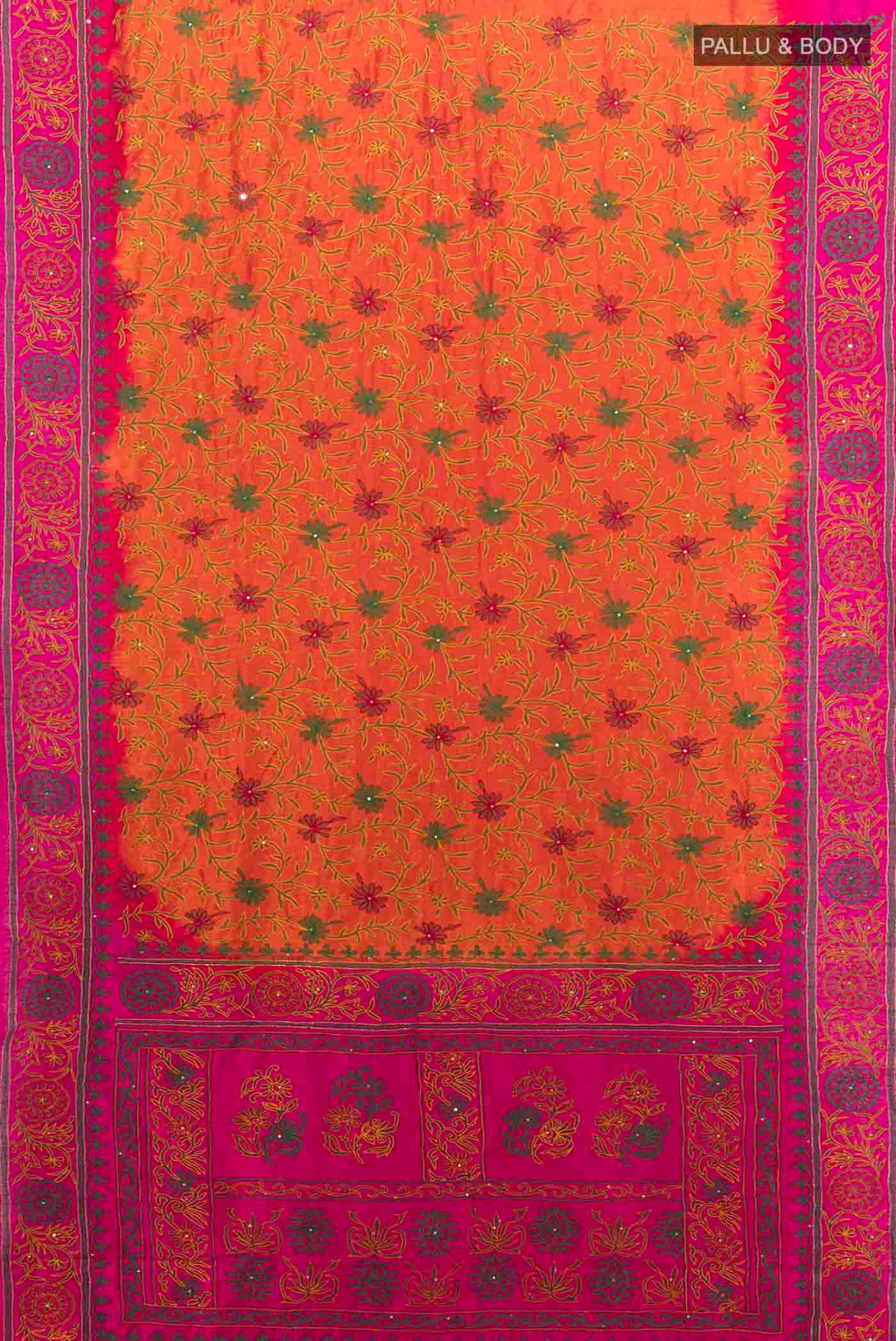 Flat view of Orange Blended Raw Silk Saree with Embroidery on the body and Embroidery Border