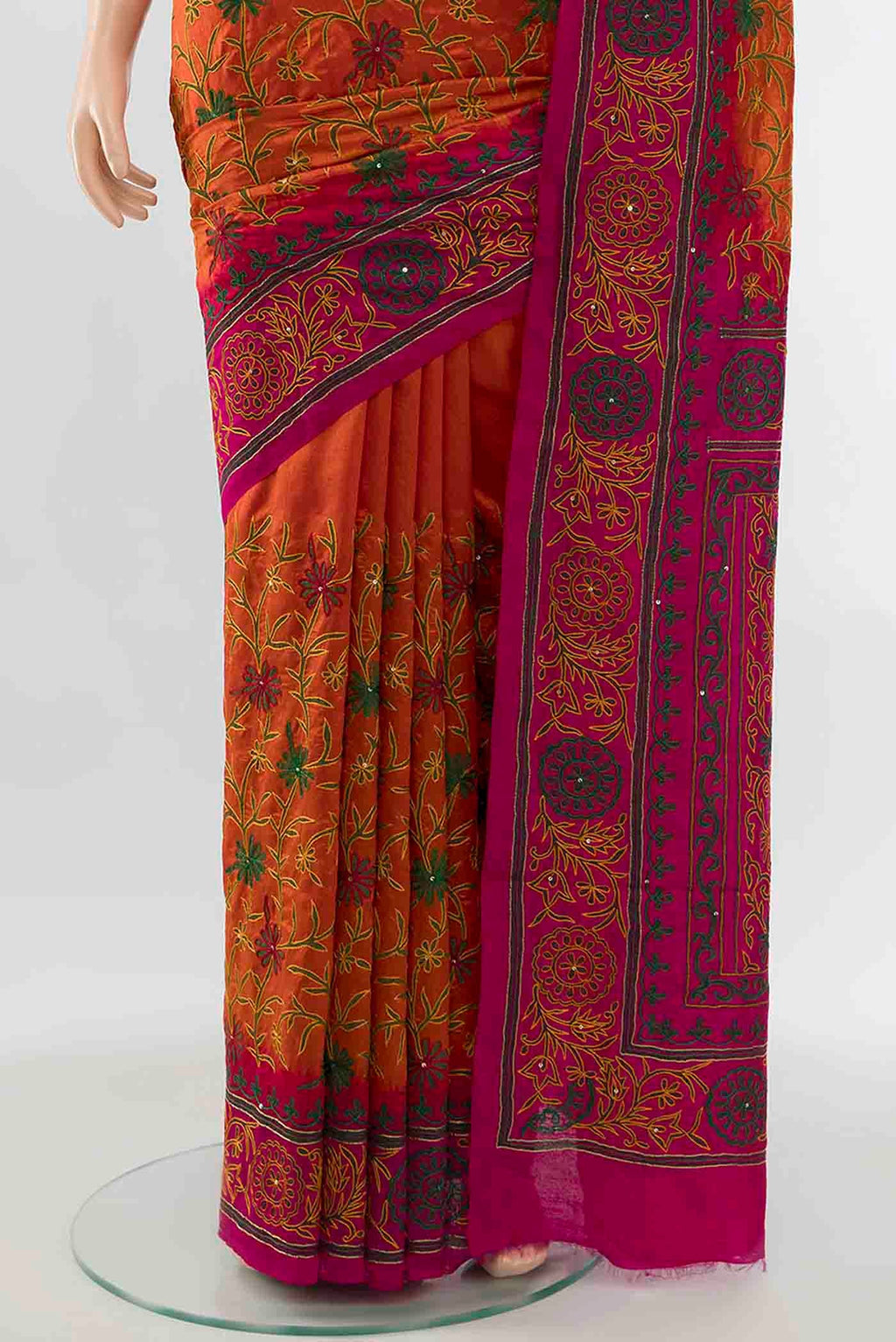 Pleats and pallu of Orange Blended Raw Silk Saree with Embroidery on the body and Embroidery Border