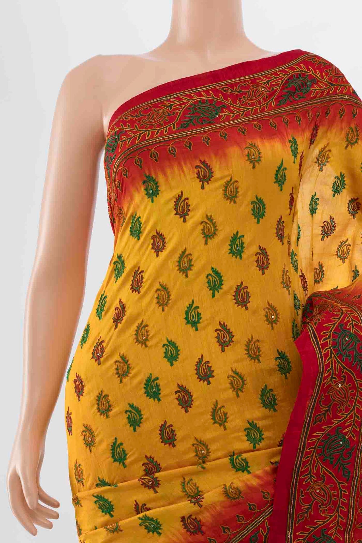 Border image of Yellow Blended Raw Silk Saree with Embroidery on the body and Embroidery Border