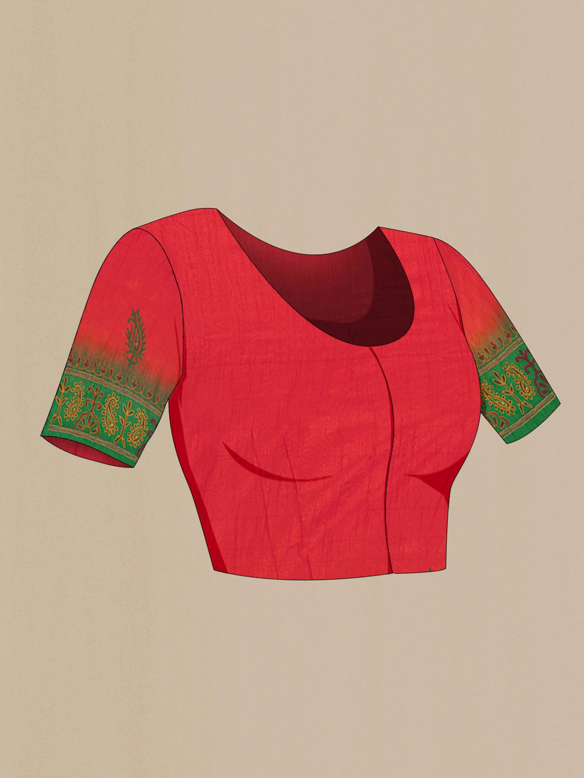 Close up image of the blouse of Red Blended Raw Silk Saree with Embroidery on the body and Embroidery Border