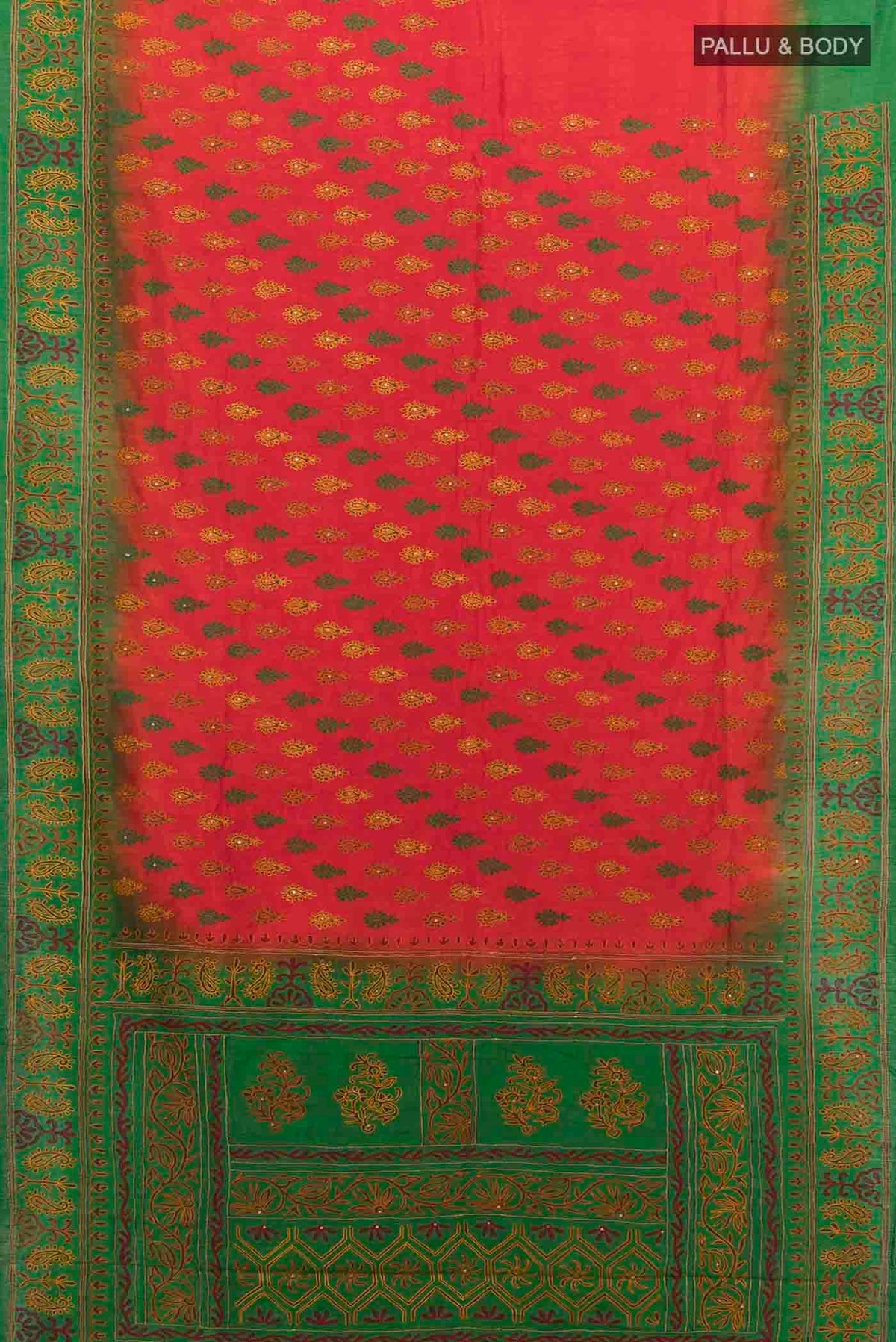 Flat view of Red Blended Raw Silk Saree with Embroidery on the body and Embroidery Border