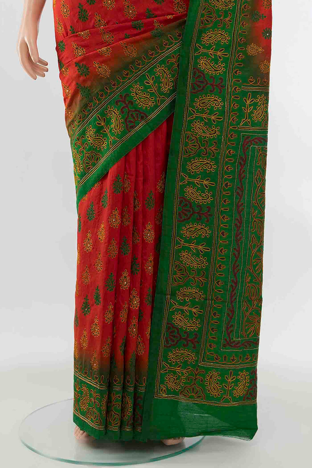 Pleats and pallu of Red Blended Raw Silk Saree with Embroidery on the body and Embroidery Border