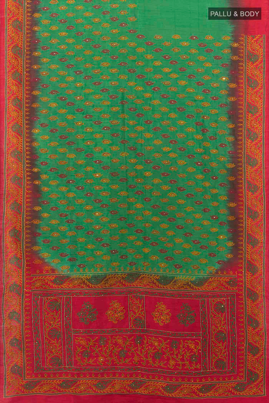 Flat view of Bottle Green Art Silk Saree with Embroidery on the body and Embroidery Border. 