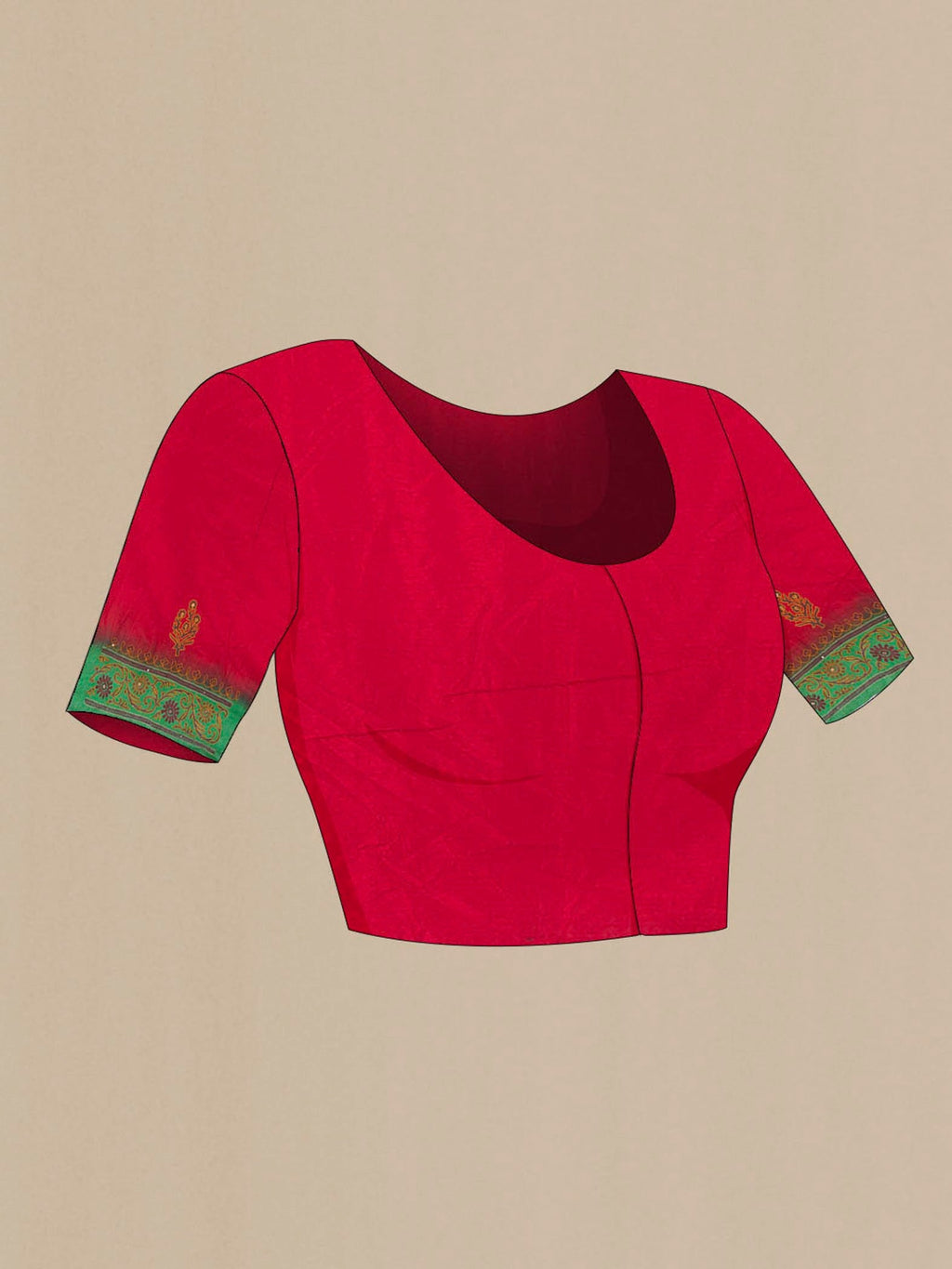 Close up image of the blouse of Red Blended Raw Silk Saree with Embroidery on the body and Embroidery Border