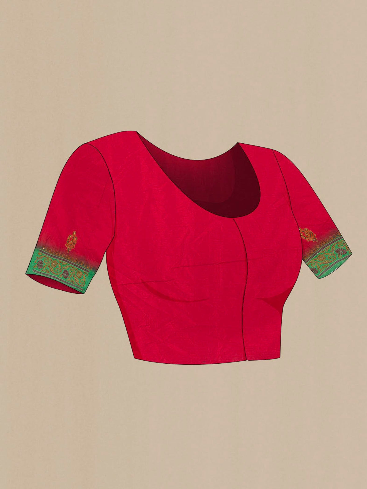 Close up image of the blouse of Red Blended Raw Silk Saree with Embroidery on the body and Embroidery Border