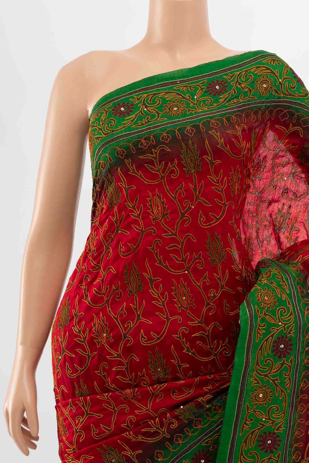 Border image of Red Blended Raw Silk Saree with Embroidery on the body and Embroidery Border