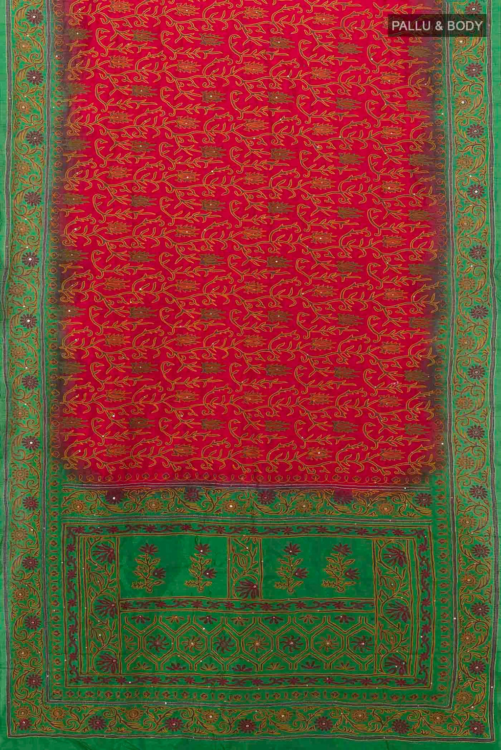 Flat view of Red Blended Raw Silk Saree with Embroidery on the body and Embroidery Border