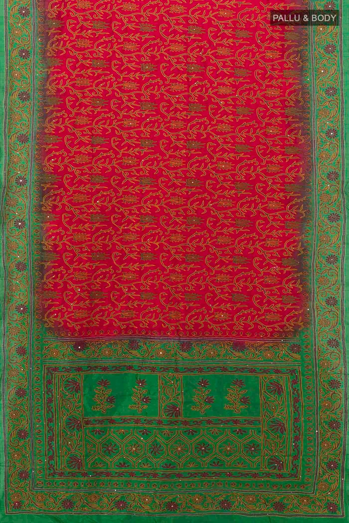 Flat view of Red Blended Raw Silk Saree with Embroidery on the body and Embroidery Border