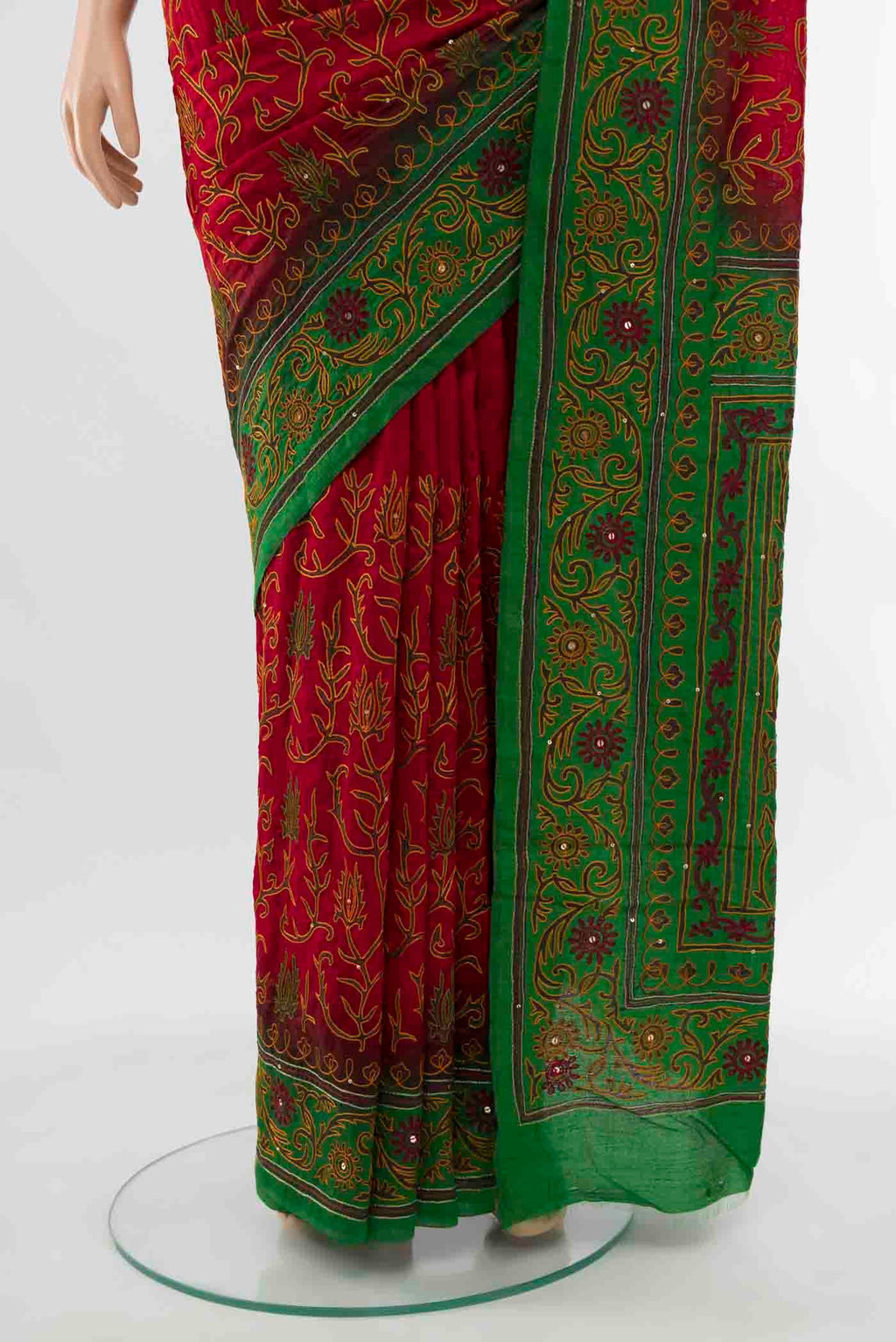 Pleats and pallu of Red Blended Raw Silk Saree with Embroidery on the body and Embroidery Border