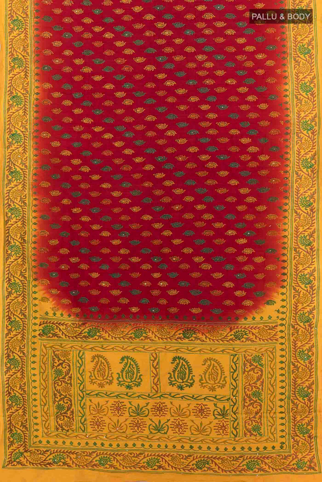 Flat view of Maroon Blended Raw Silk Saree with Embroidery on the body and Embroidery Border