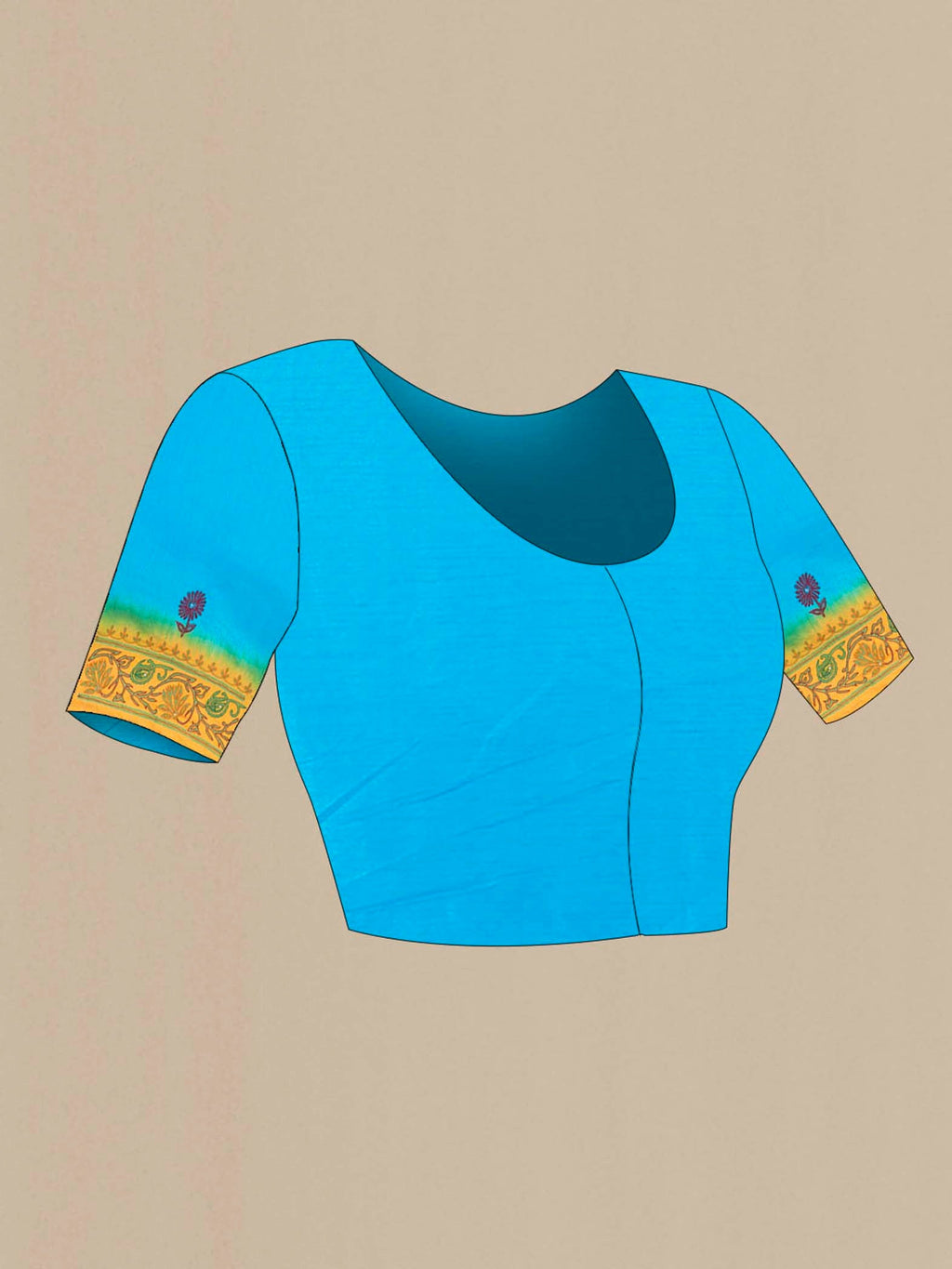 Close up image of the blouse of Sky Blue Blended Raw Silk Saree with Embroidery on the body and Embroidery Border