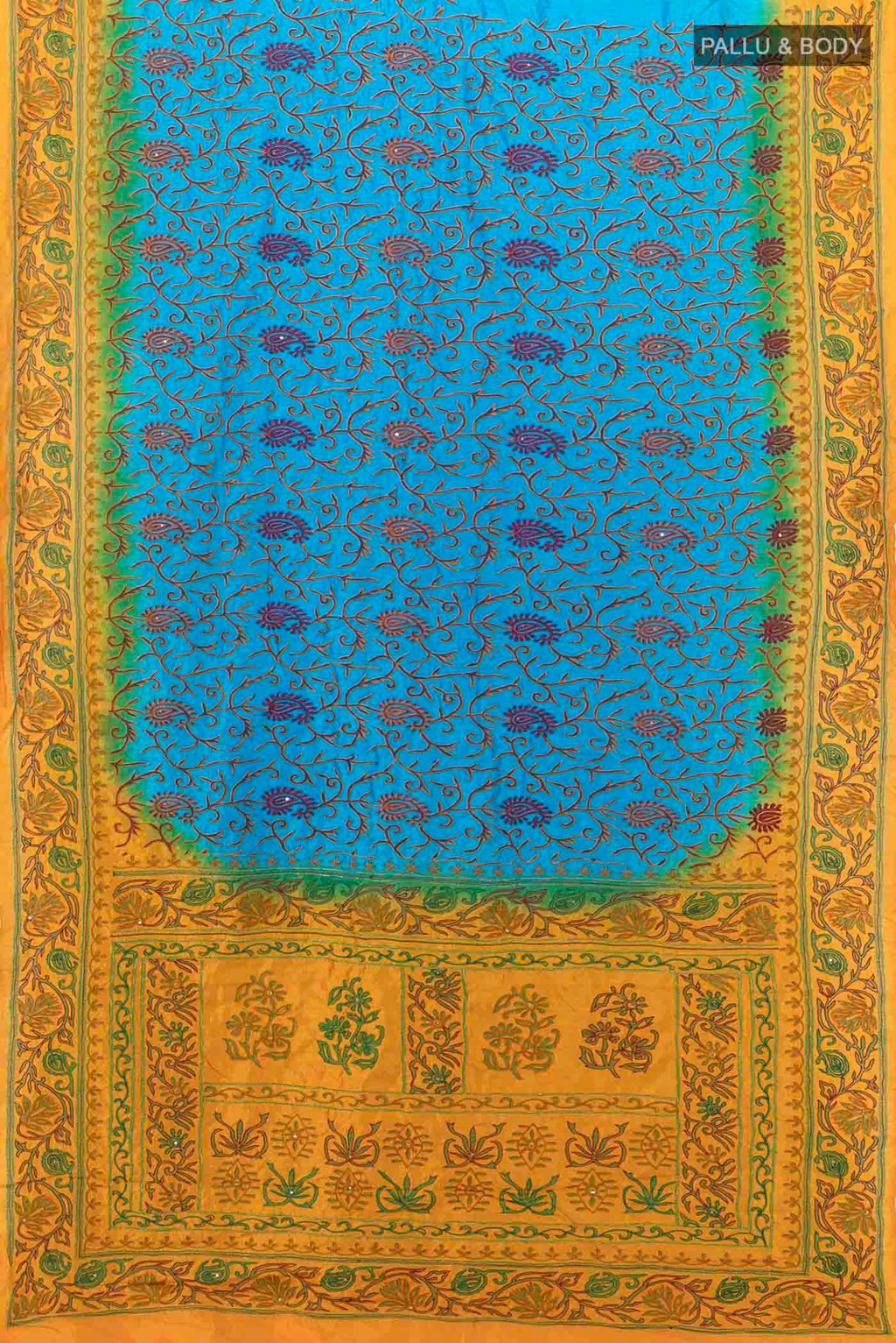 Flat view of Sky Blue Blended Raw Silk Saree with Embroidery on the body and Embroidery Border