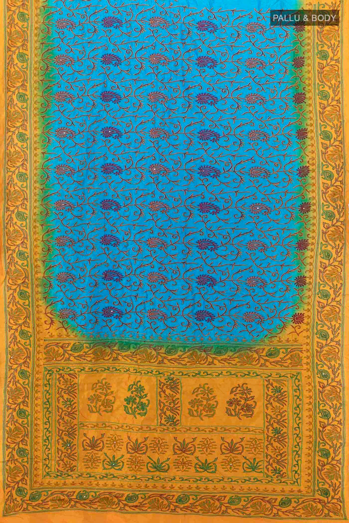 Flat view of Sky Blue Blended Raw Silk Saree with Embroidery on the body and Embroidery Border