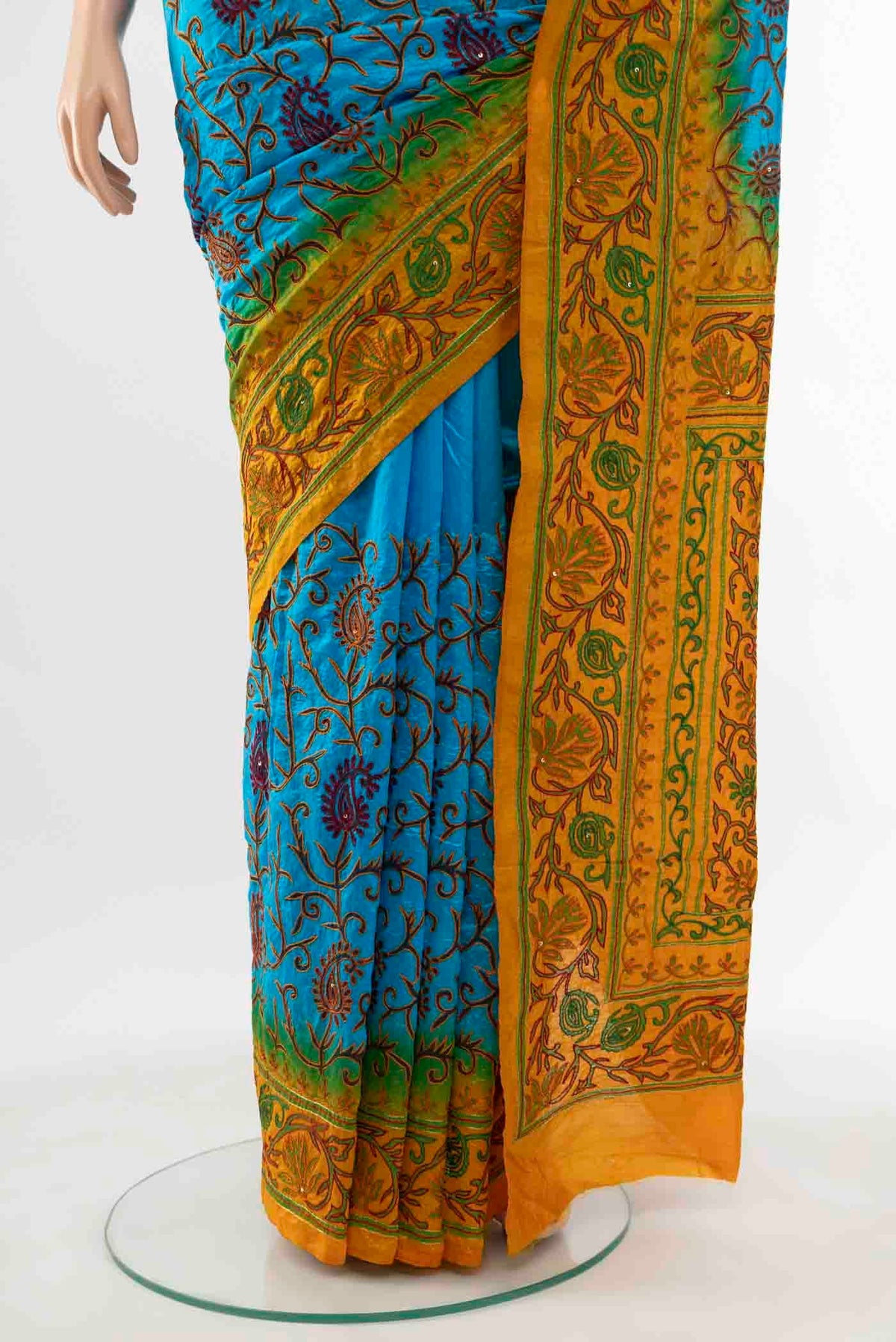 Pleats and pallu of Sky Blue Blended Raw Silk Saree with Embroidery on the body and Embroidery Border