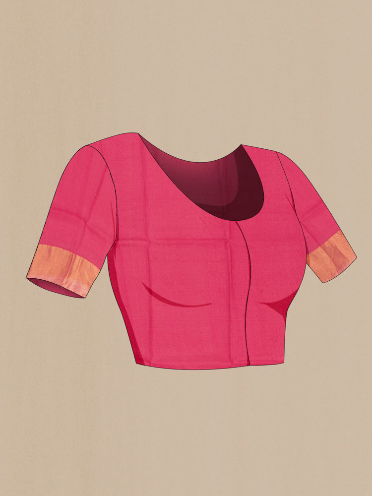Close up image of the blouse of Peach Tussar Silk Saree with Floral Print on the body and Silk Border. 