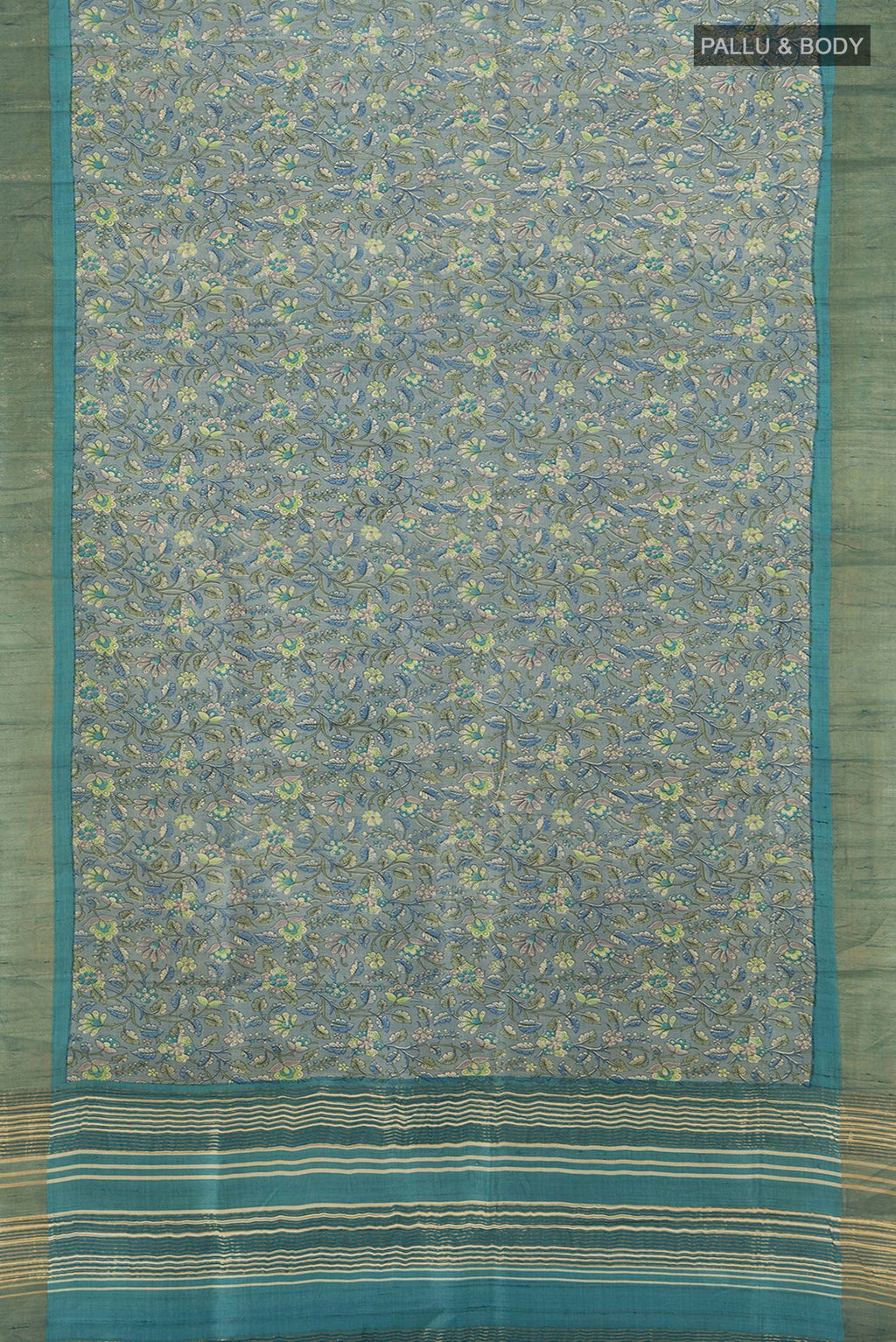 Flat view of Davys Grey Tussar Silk Saree with Floral Print on the body and Zari Border. 