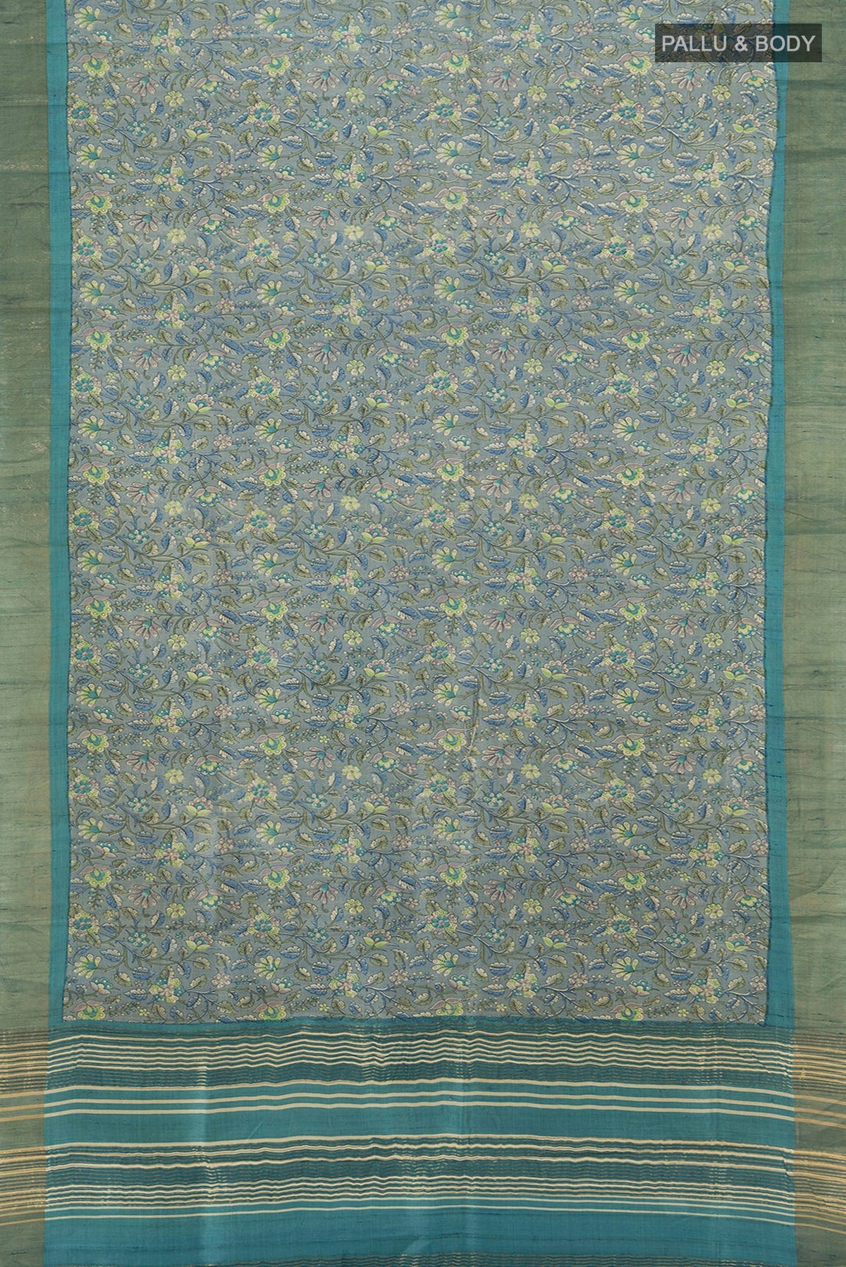 Flat view of Davys Grey Tussar Silk Saree with Floral Print on the body and Zari Border. 