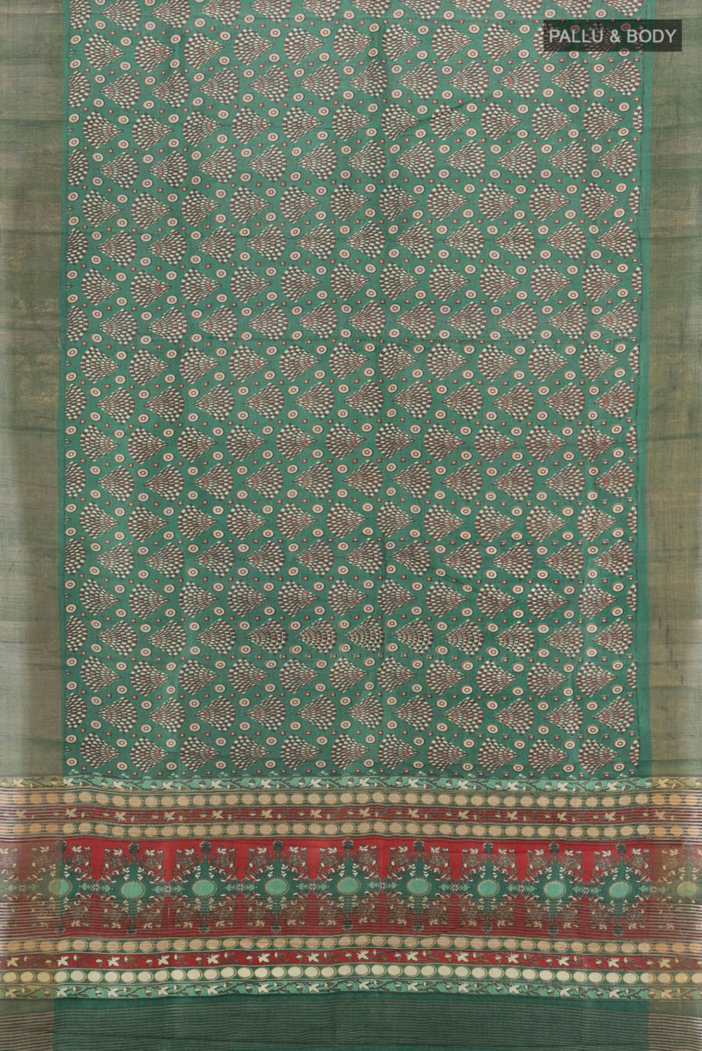 Flat view of Green Tussar Silk Saree with Floral Print on the body and Zari Border. 