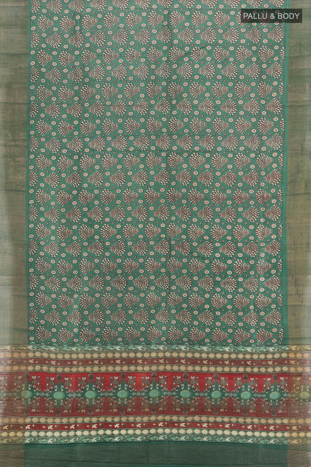 Flat view of Green Tussar Silk Saree with Floral Print on the body and Zari Border. 