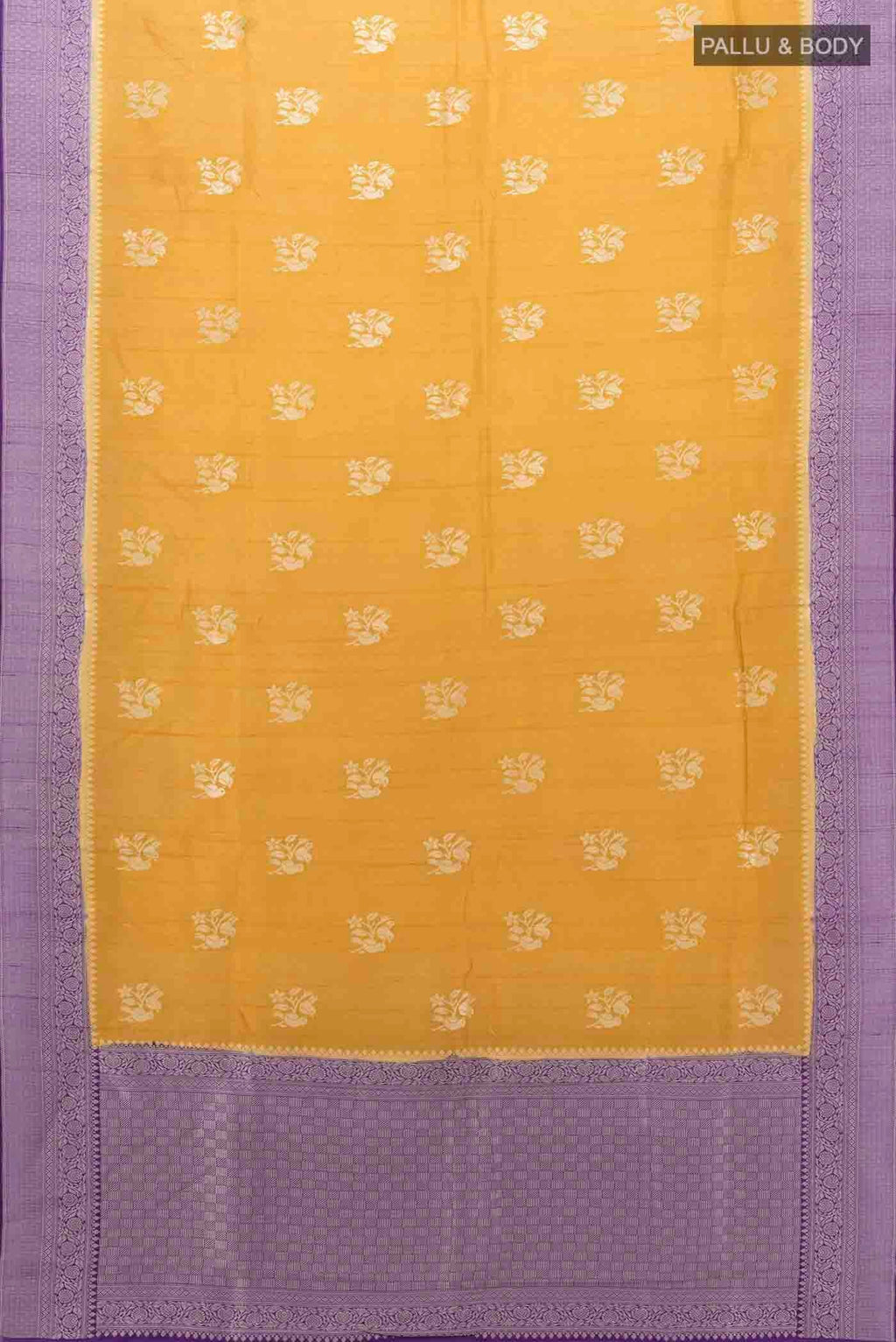 Flat view of Yellow Blended Art Silk Saree with Zari Butta on the body and Zari Border