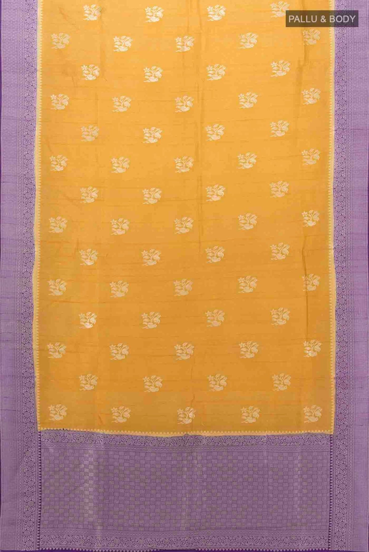 Flat view of Yellow Blended Art Silk Saree with Zari Butta on the body and Zari Border