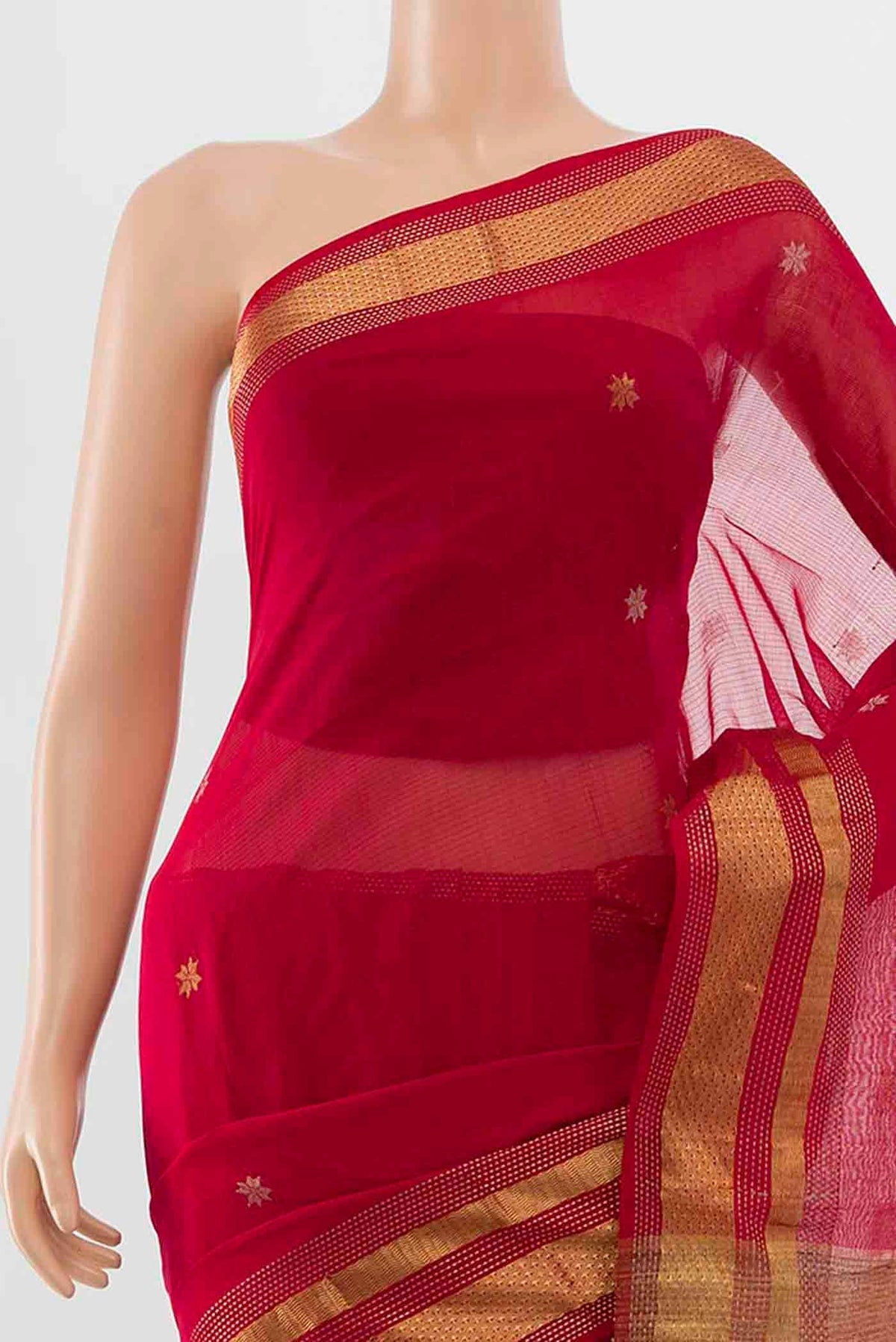 Border image of Red Maheshwari Silk Cotton Saree with Zari Butta on the body and Silk Border