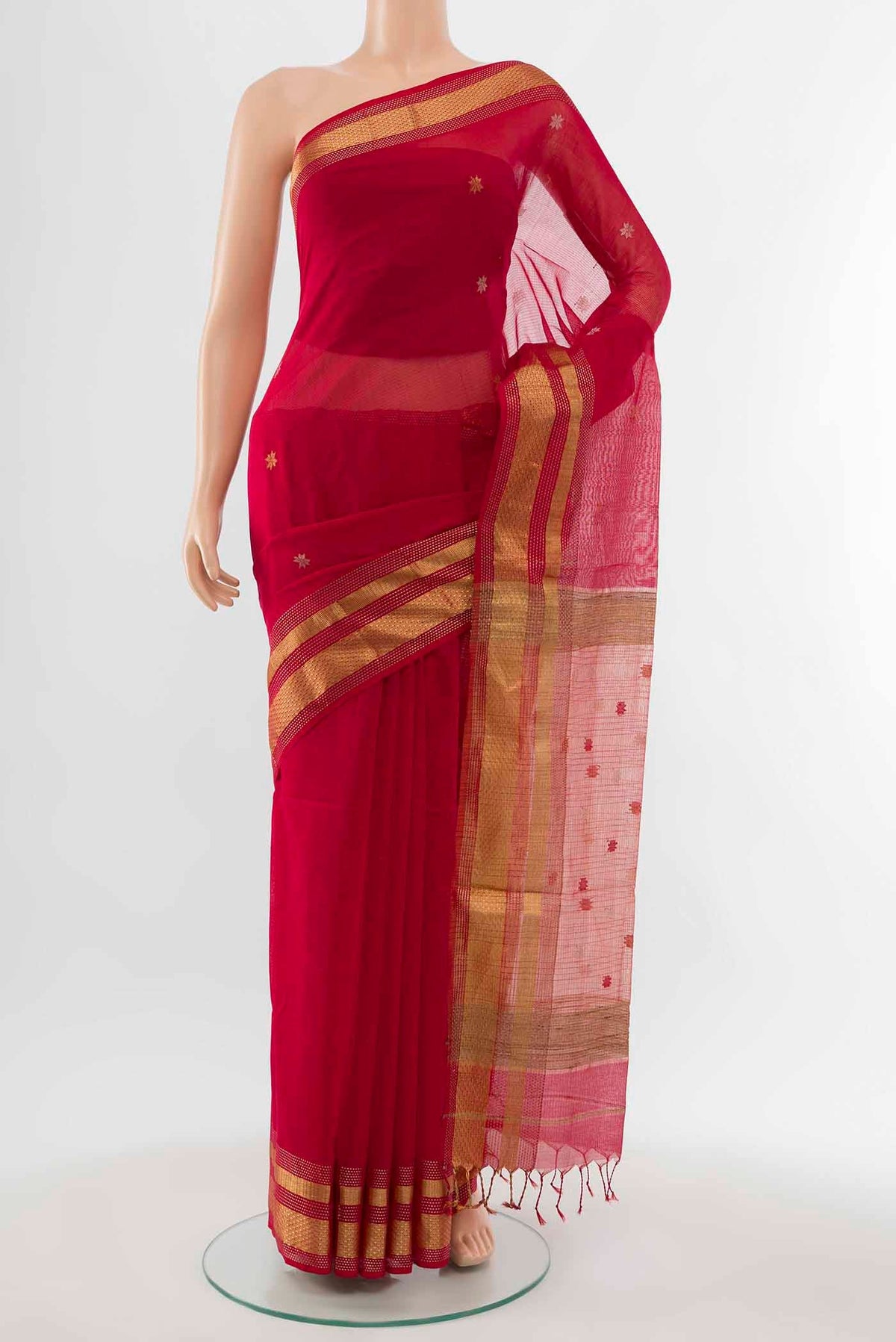 Red Maheshwari Silk Cotton Saree with Zari Butta on the body and Silk Border displayed on a mannequin