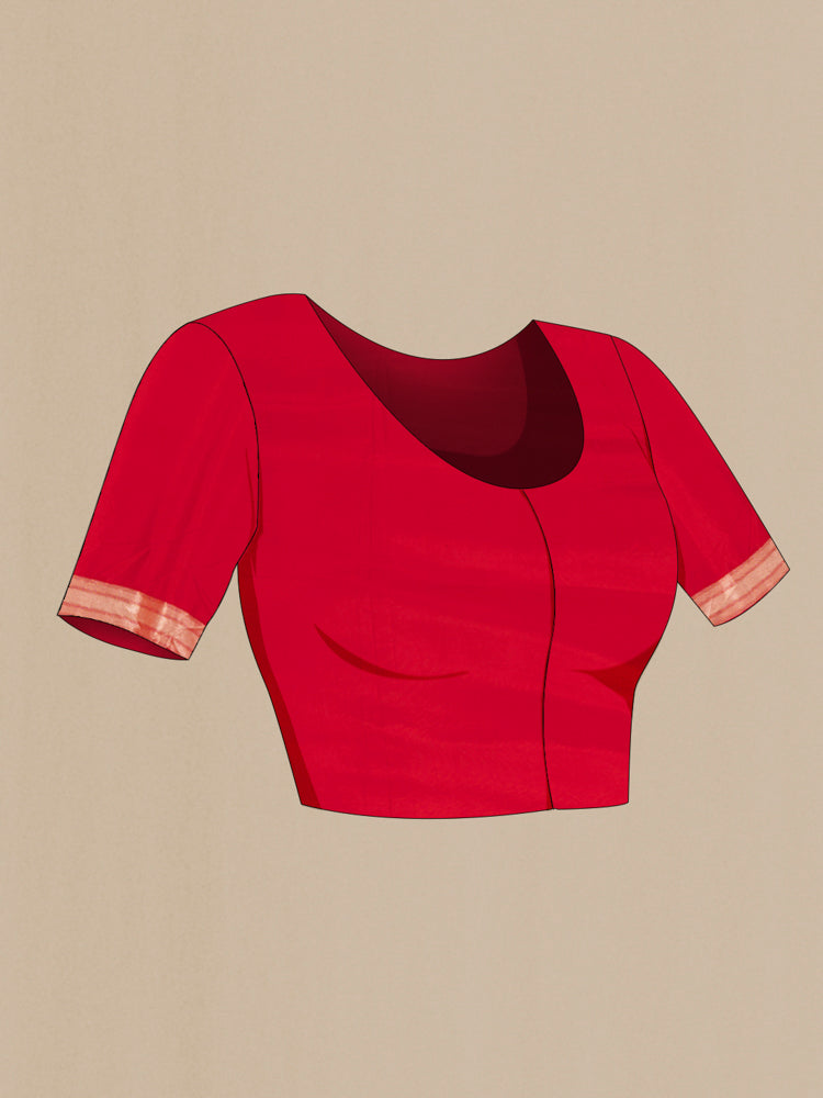Close up image of the blouse of Red Banarasi Silk Saree with Zari Butta on the body and Silk Border. 