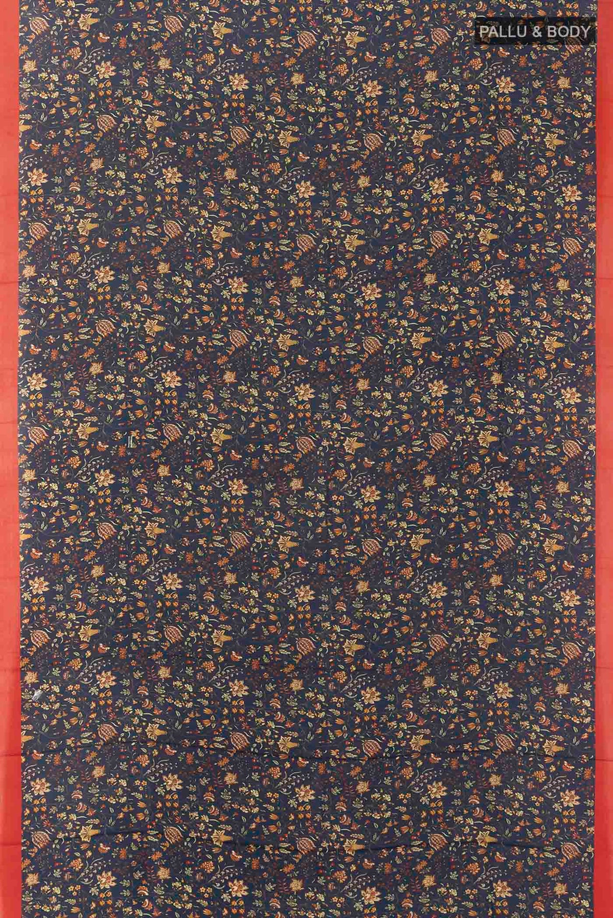 Flat view of Navy Blue Printed Silk Saree with Floral Print on the body and Fancy Border