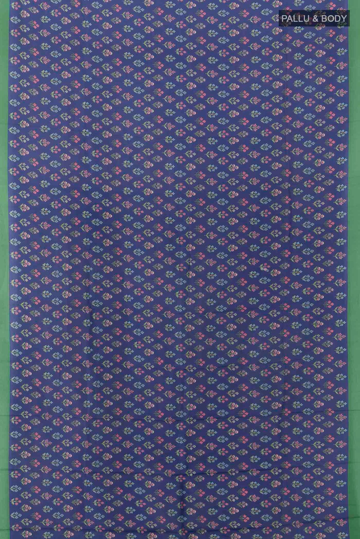 Flat view of Navy Blue Printed Silk Saree with Floral Print on the body and Attached Border