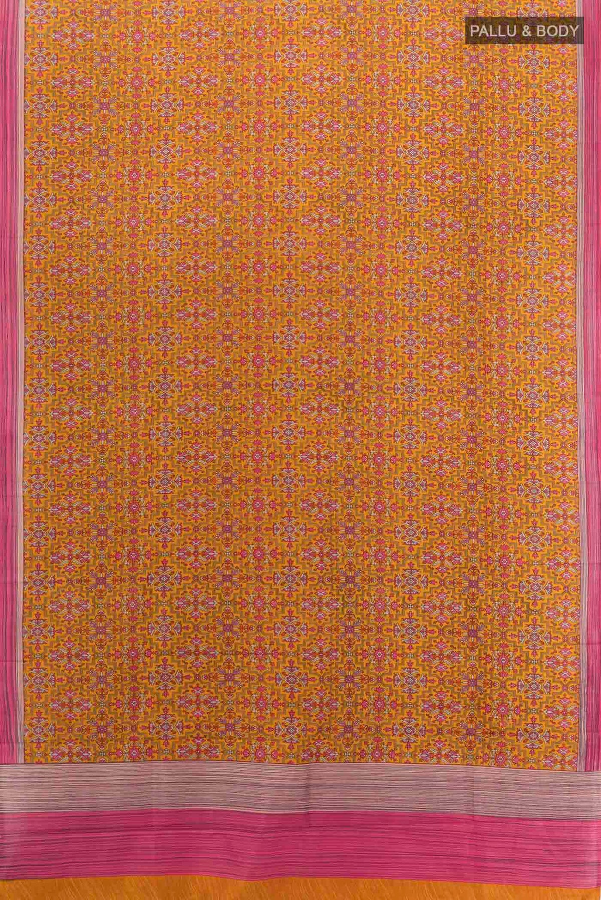 Flat view of Rust Printed Silk Saree with Floral Print on the body and Silk Border