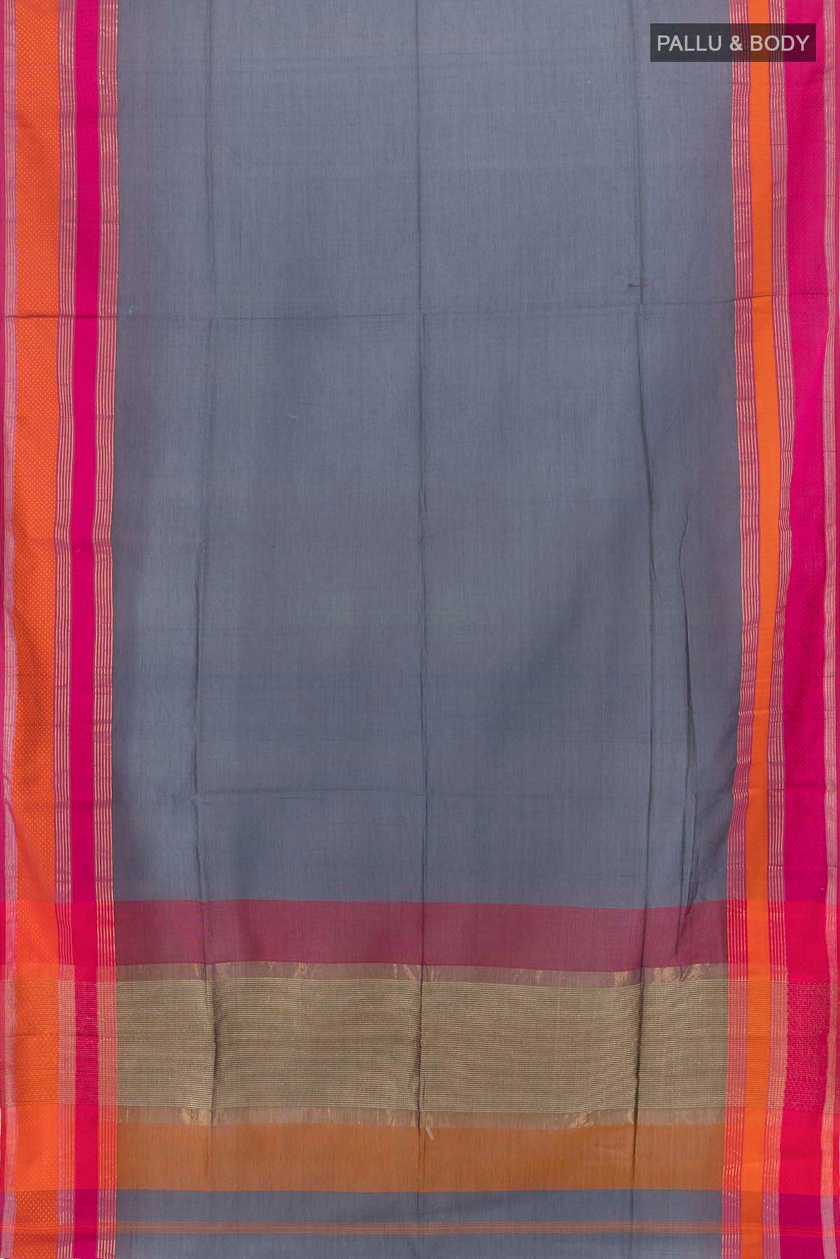 Flat view of Grey Maheshwari Silk Cotton Saree with Zari Butta on the body and Silk Border. 