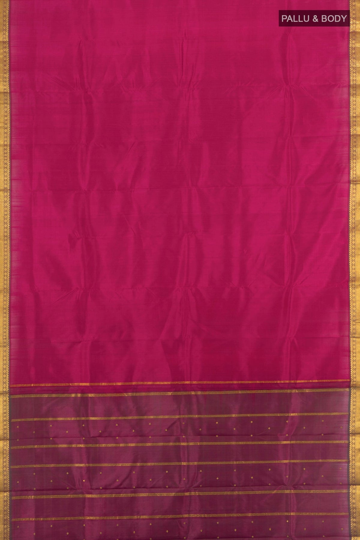 Flat view of Dark Pink Kanjivaram Silk Saree with Plain Body and Zari Border. 