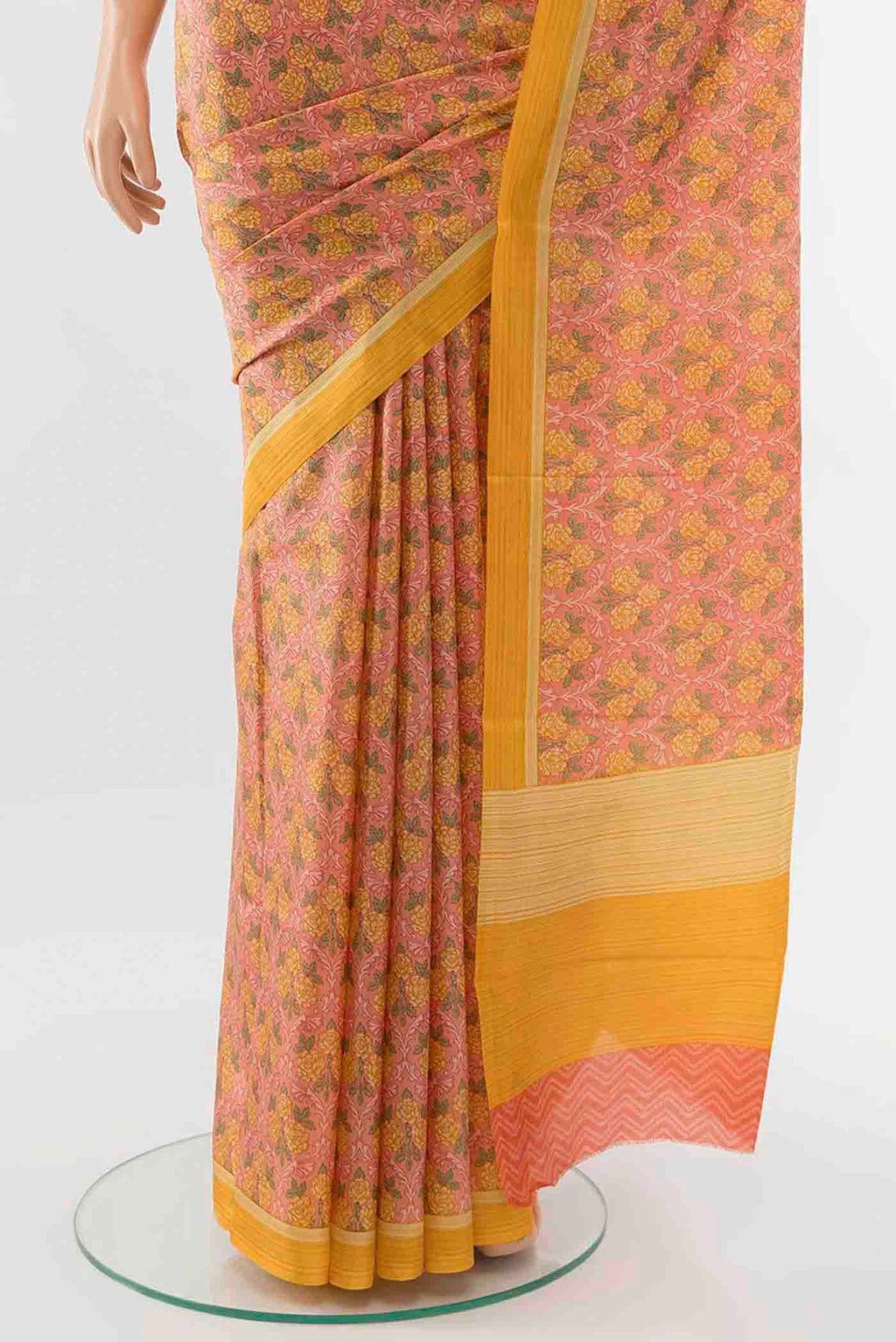 Pleats and pallu of Pink Printed Silk Saree with Floral Print on the body and Fancy Border