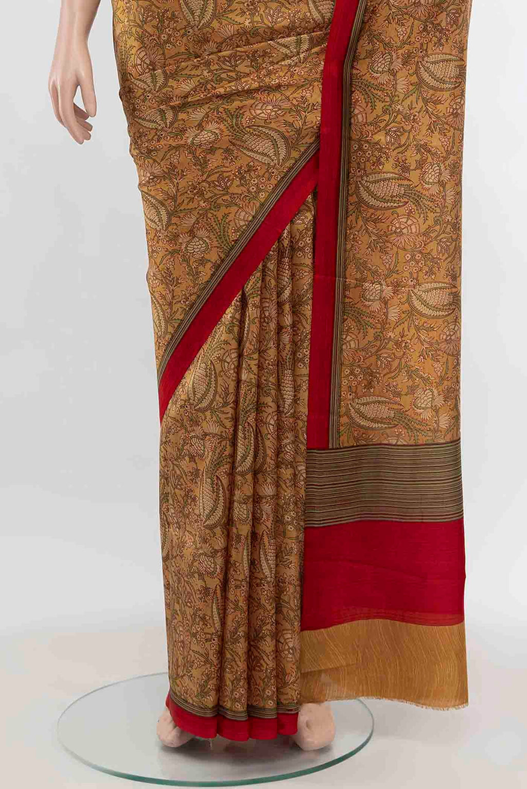 Pleats and pallu of Beige Printed Silk Saree with Floral Print on the body and Fancy Border