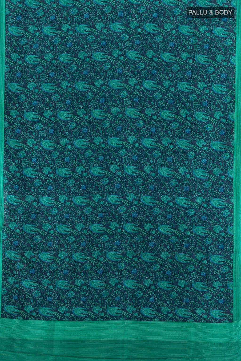 Flat view of Navy Blue Printed Silk Saree with Floral Print on the body and Printed Border. 
