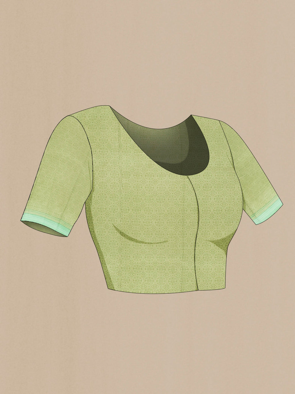 Close up image of the blouse of Green Printed Silk Saree with Printed design on the body and Printed Border. 