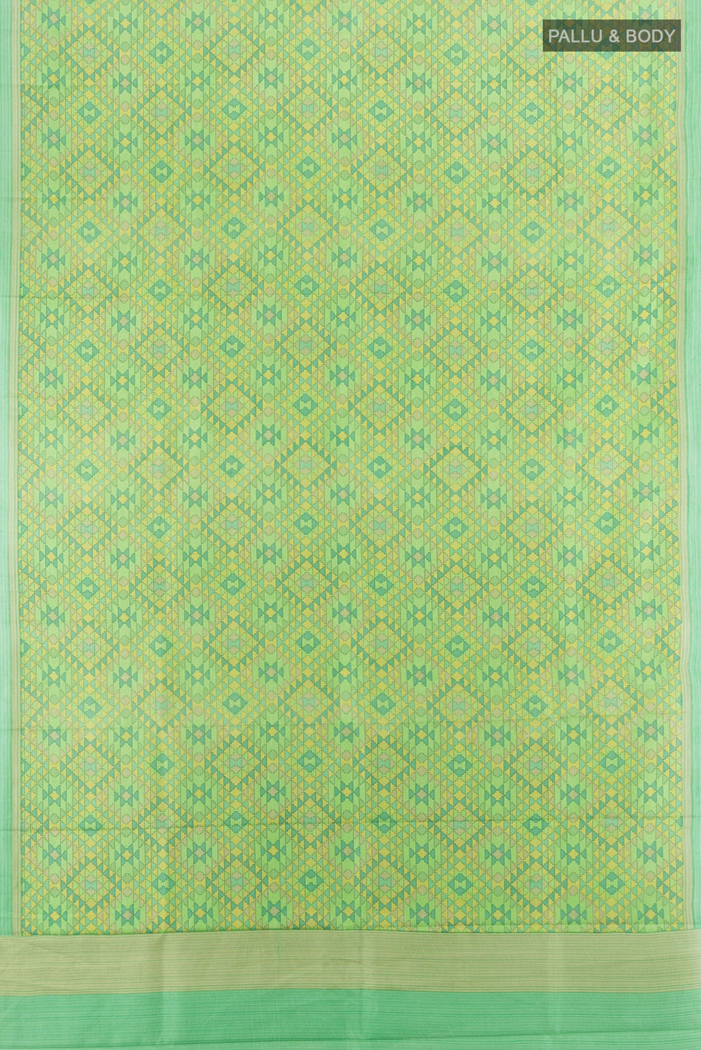 Flat view of Green Printed Silk Saree with Printed design on the body and Printed Border. 