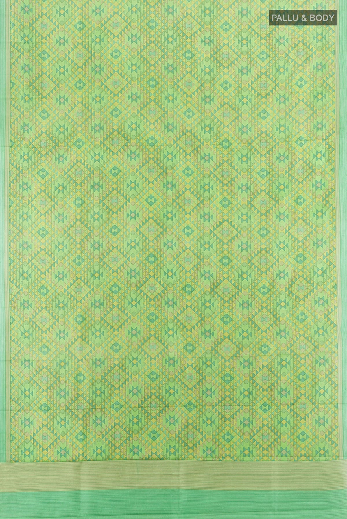 Flat view of Green Printed Silk Saree with Printed design on the body and Printed Border. 