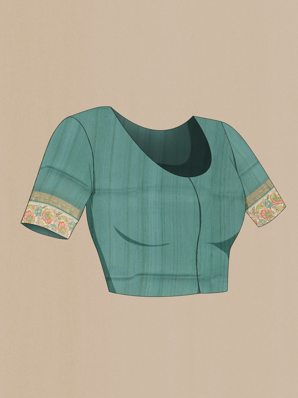 Close up image of the blouse of Davys Grey Tussar Silk Saree with Zari Butta on the body and Fancy Border. 