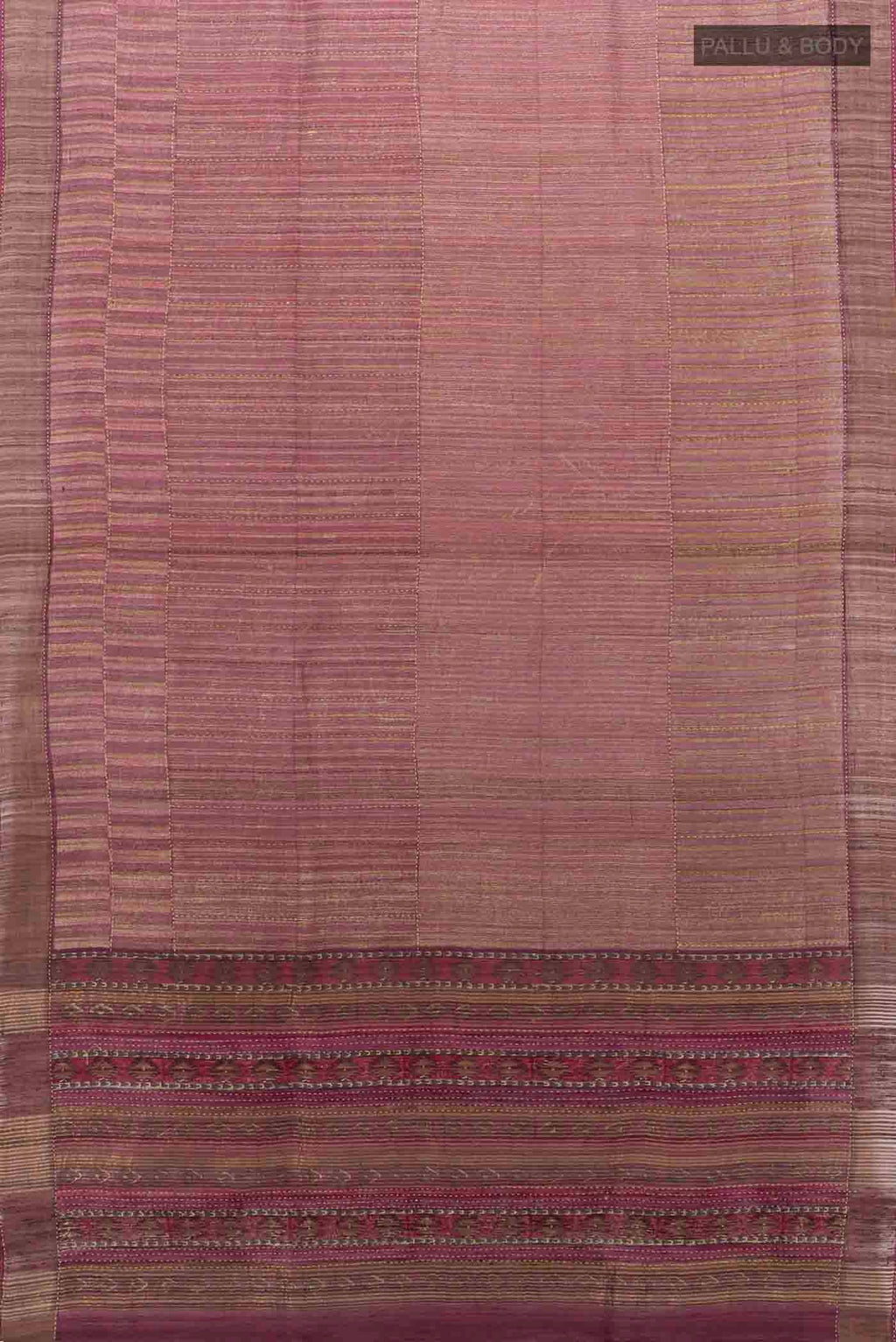 Flat view of Imperial Pink Tussar Silk Saree with Embroidery on the body and Thread Border