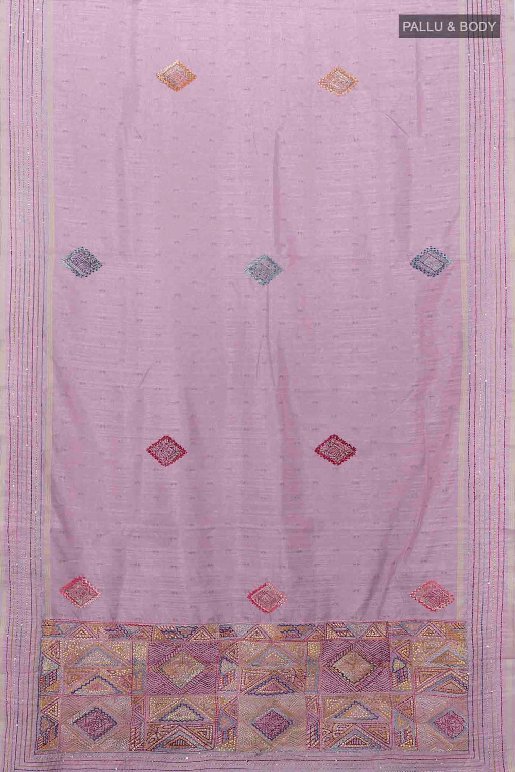 Flat view of Lavender Blended Tussar Silk Saree with Embroidery on the body and Embroidery Border