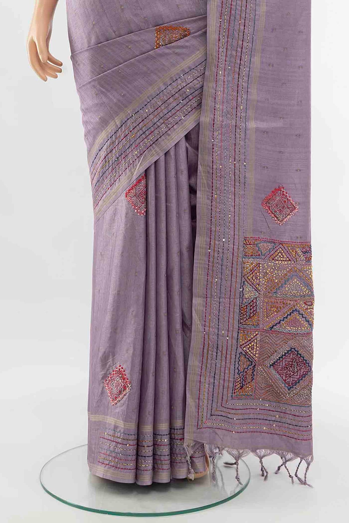 Pleats and pallu of Lavender Blended Tussar Silk Saree with Embroidery on the body and Embroidery Border