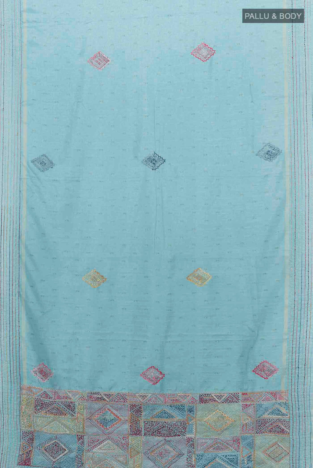 Flat view of Light Blue Blended Tussar Silk Saree with Embroidery on the body and Embroidery Border