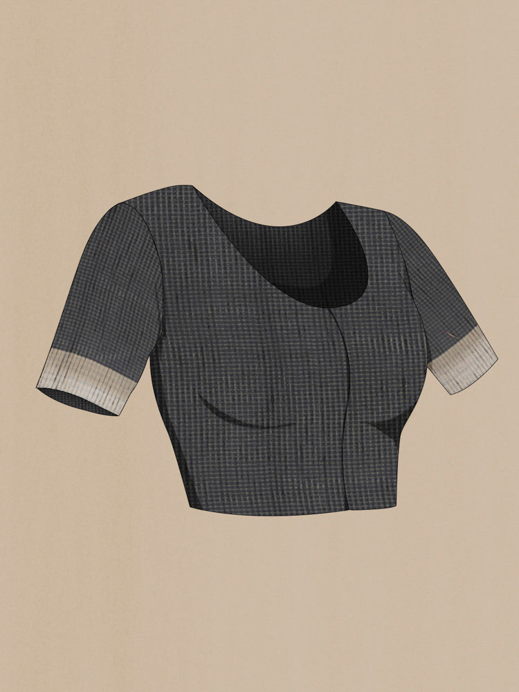 Close up image of the blouse of Black Art Silk Saree with Checked design on the body and Silk Border. 