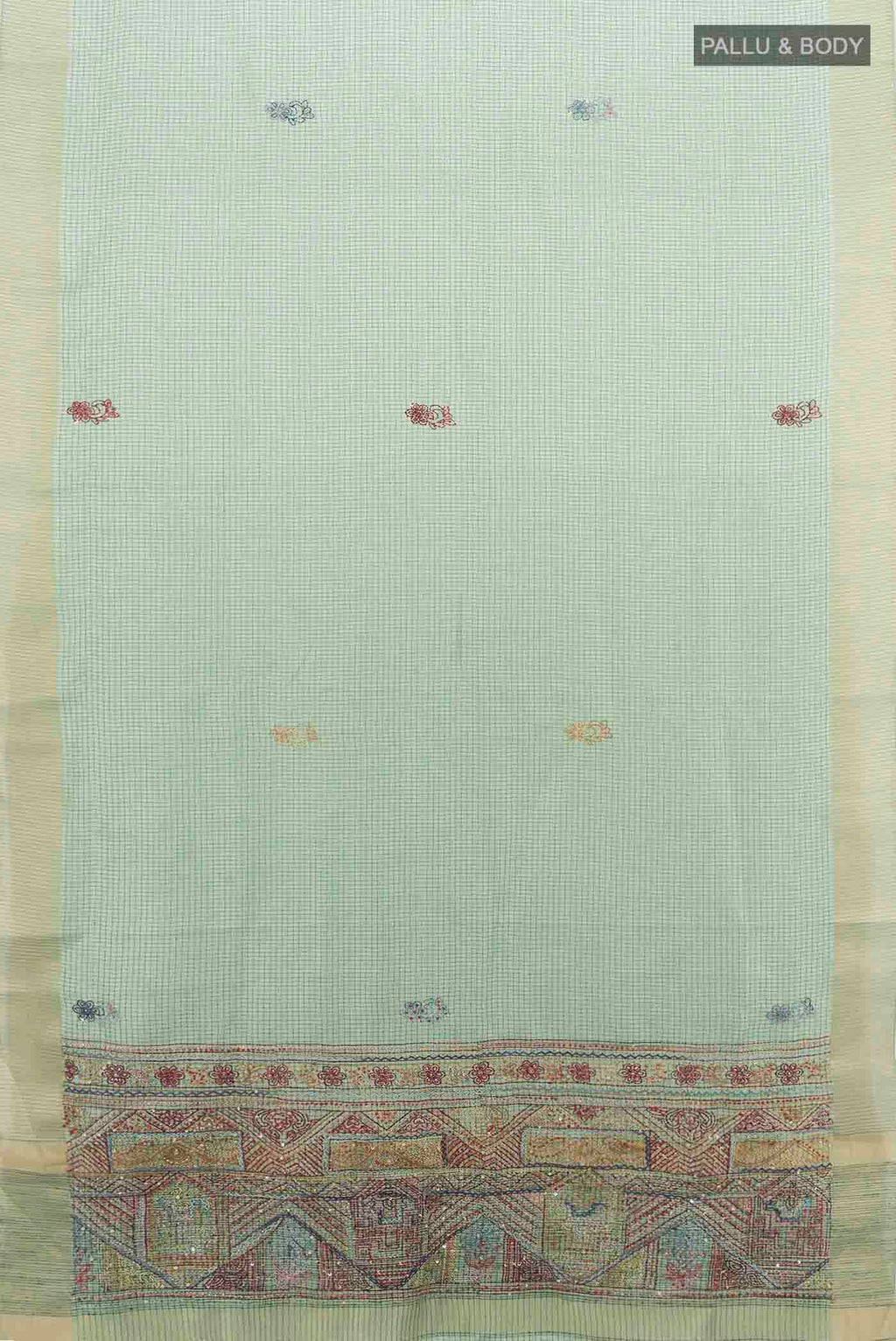 Flat view of Pista Green Art Silk Saree with Zari Butta on the body and Silk Border