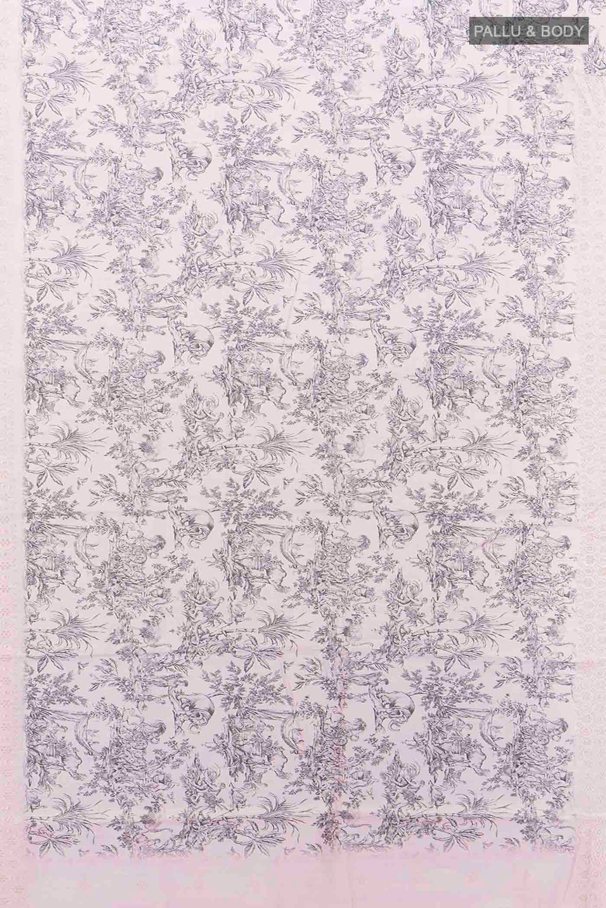 Flat view of Off White Blended Art Silk Saree with Printed design on the body and Embroidery Border