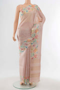 Rose pink Tussar Silk Saree with Floral Print on the body and Fancy Border displayed on a mannequin