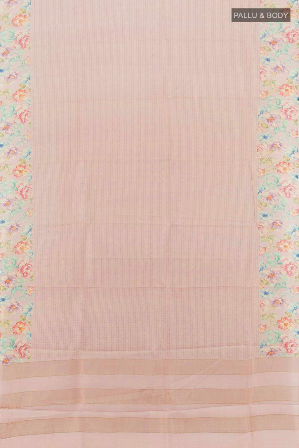 Flat view of Rose pink Tussar Silk Saree with Floral Print on the body and Fancy Border